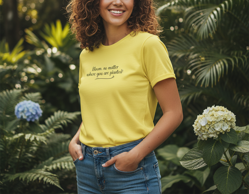 Woman sitting outdoors at a wooden table, holding a mug and wearing a white t-shirt with text.