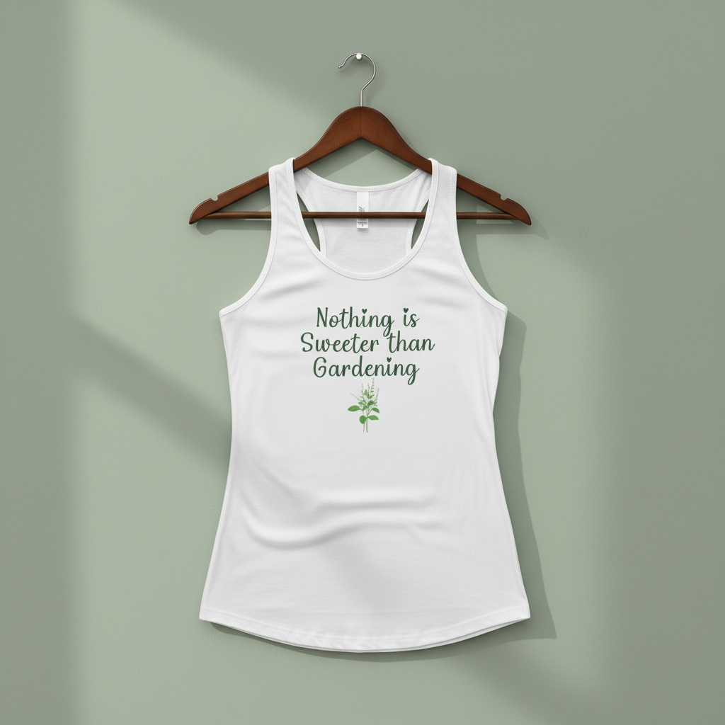 White tank top with 'Nothing is Sweeter than Gardening' text on a hanger against a light green wall.