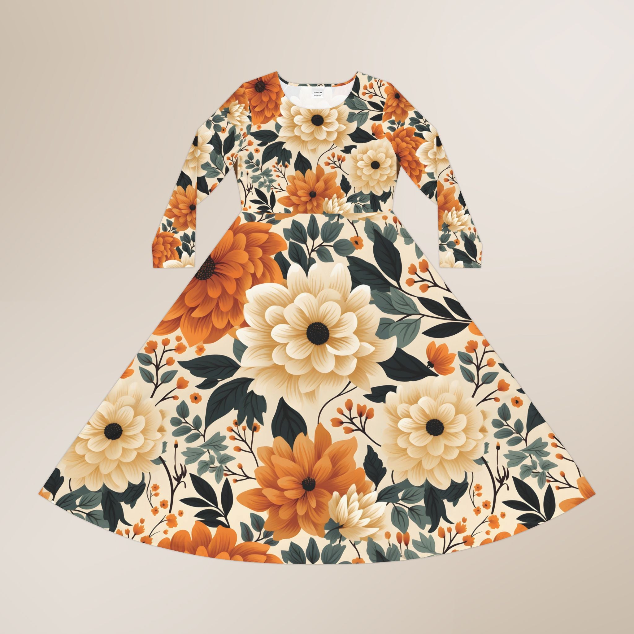 Floral dress with orange and beige flowers on a beige background