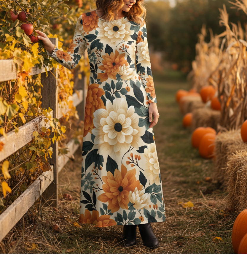 Woman in a floral dress standing in an apple orchard with pumpkins and hay bales.