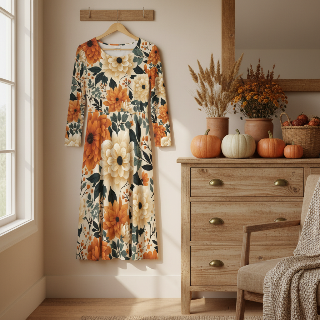 Floral dress hanging on a rack in a room with wooden furniture and autumn decorations.