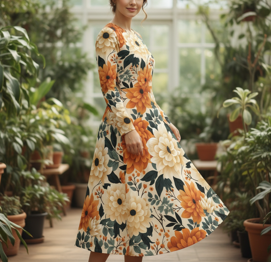 Woman wearing a floral dress in a greenhouse setting