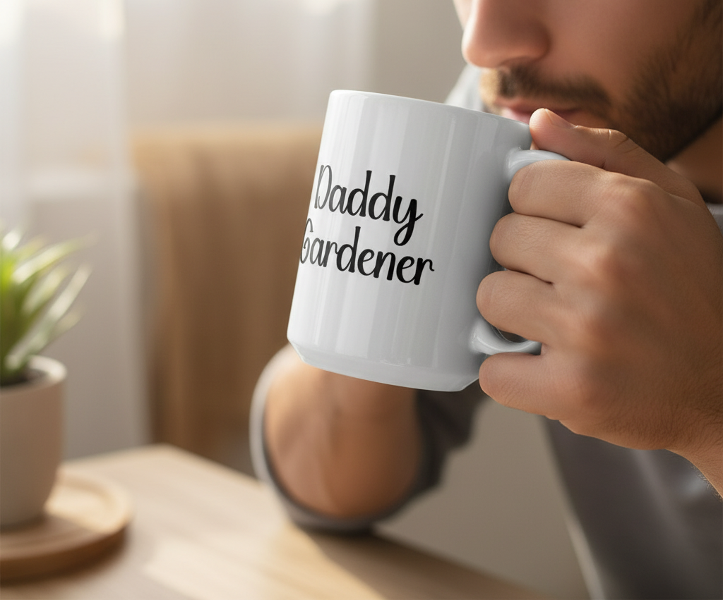 Person holding a mug with 'Daddy Gardener' text in a home setting