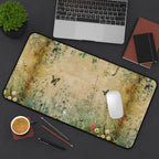 Desk setup with a decorative mouse pad featuring nature-themed design, laptop, notebook, and coffee cup.