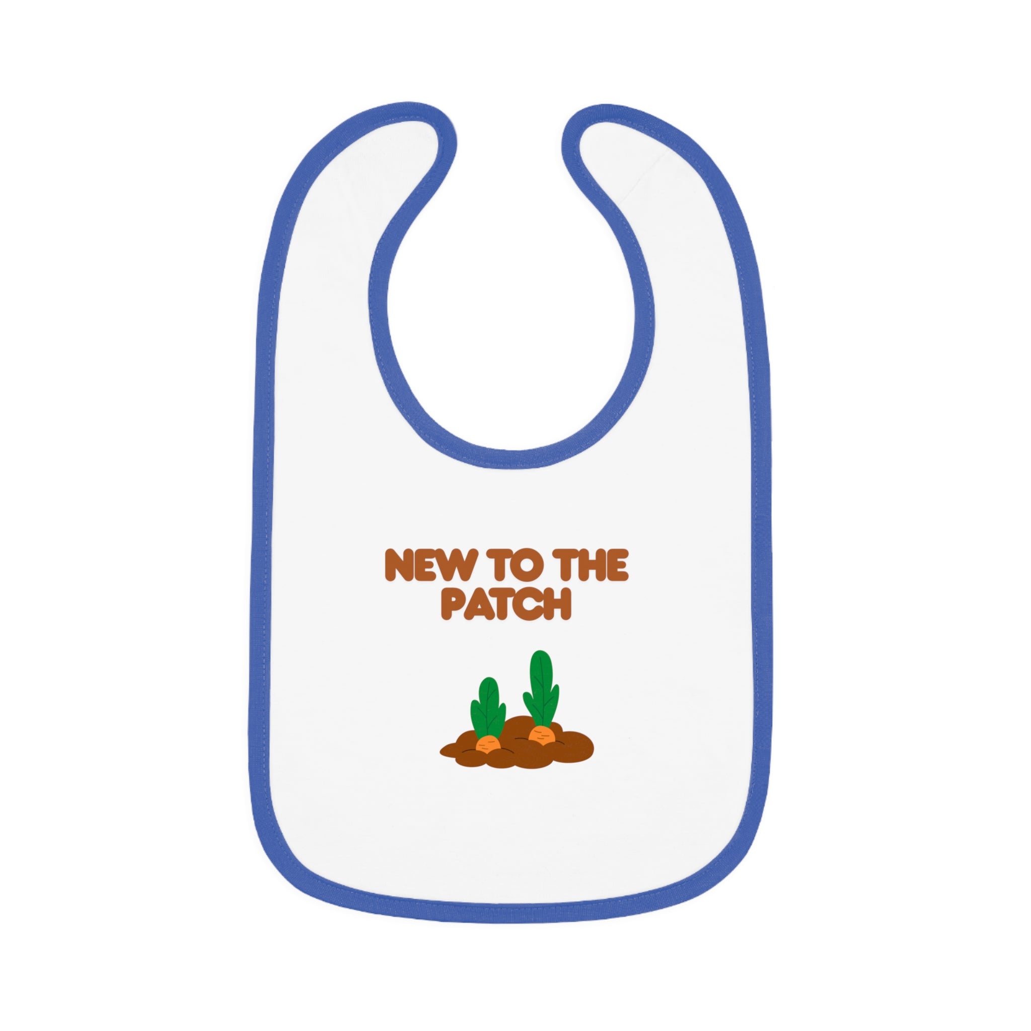 Baby bib with 'New to the Patch' text and cactus illustration on a white background
