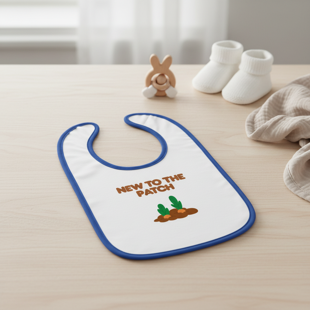 Baby bib with 'New to the Patch' text and illustrations on a wooden surface.
