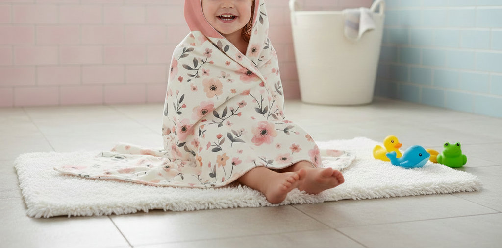 Child wrapped in a floral towel on a bathroom floor with bath toys nearby