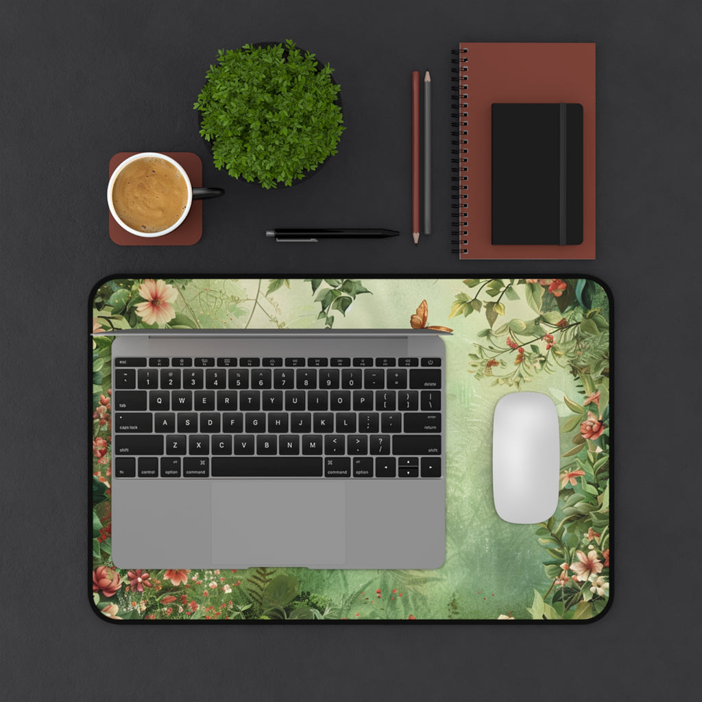 Floral desk mat with laptop, mouse, and office supplies on a dark surface
