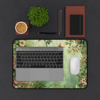 Floral desk mat with laptop, mouse, and office supplies on a dark surface