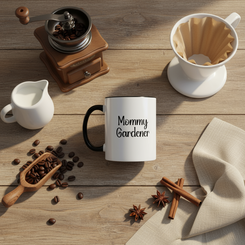 Coffee mug with 'Mommy Gardener' text on a wooden table with coffee beans, grinder, and milk pitcher.