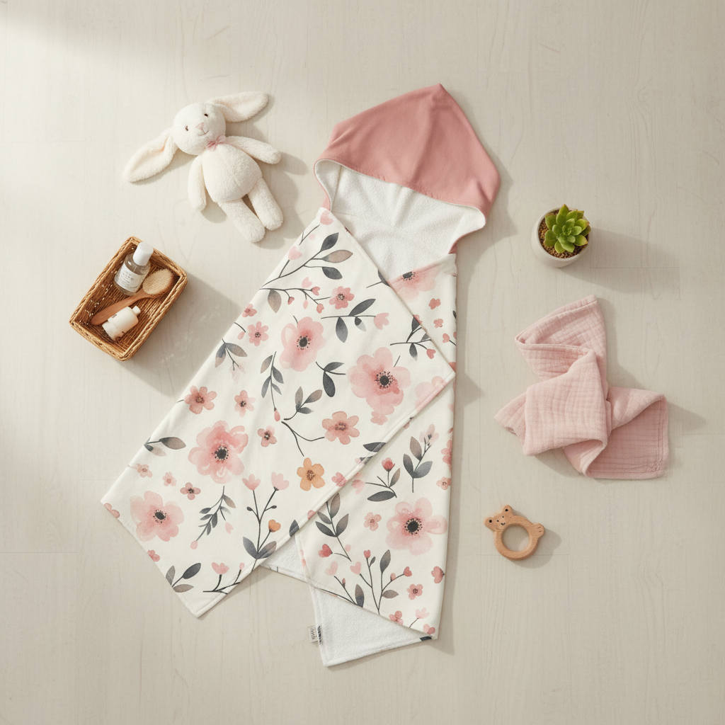 Baby items including a floral blanket, pink hat, and toys on a neutral background
