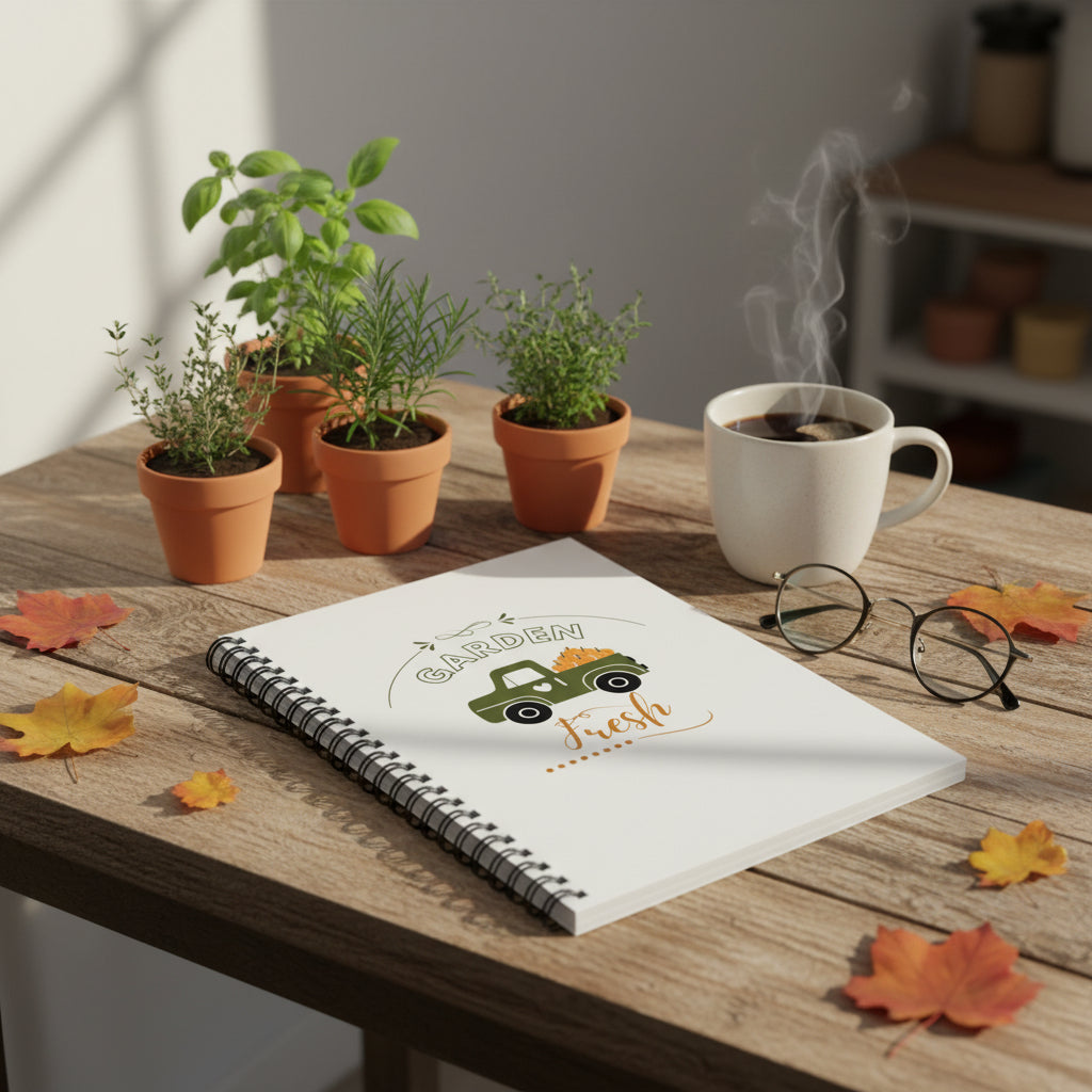 Notebook with 'Garden Fresh' design surrounded by green plants on a white background