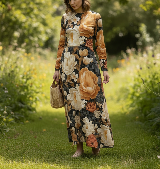 Woman in a floral dress standing in a garden