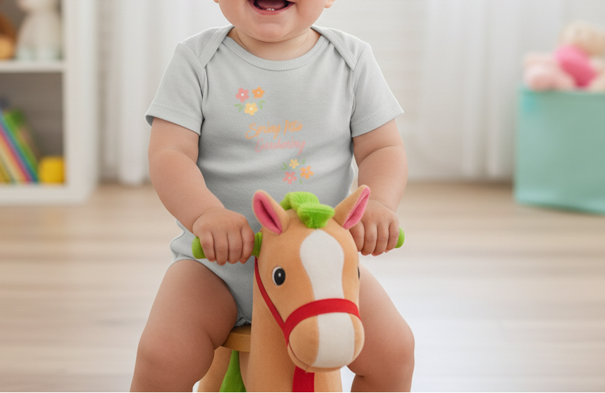 Baby sitting on a toy horse in a room with toys in the background