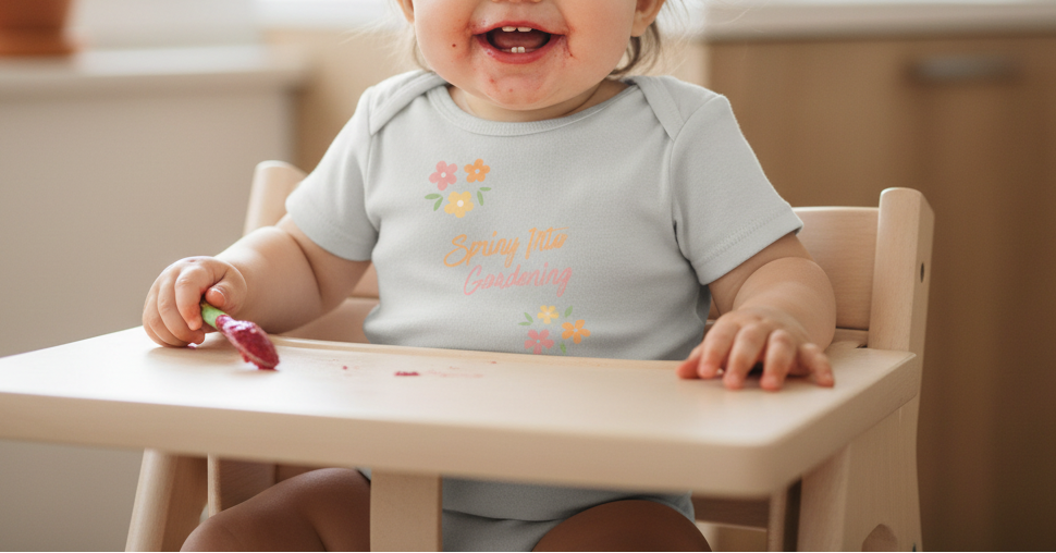 Baby in a high chair wearing a light blue onesie with colorful text and graphics.