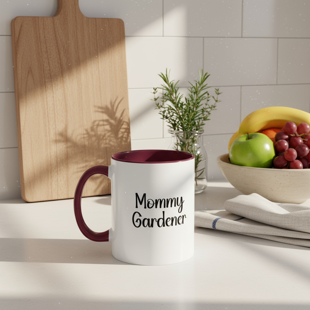 White mug with maroon handle labeled 'Mommy Gardener' on a kitchen counter.