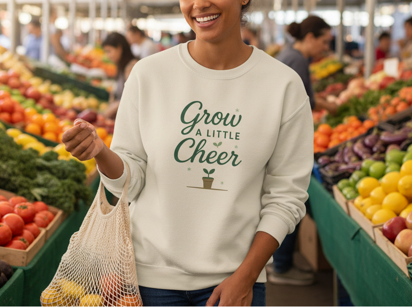 Person wearing a sweatshirt with 'Grow a Little Cheer' text in a grocery store.