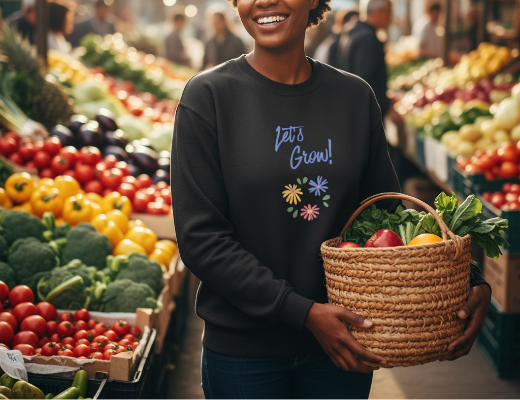 Person holding a basket of vegetables in a market setting with 'Let's Grow!' text on a sweatshirt.