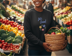 Person holding a basket of vegetables in a market setting with 'Let's Grow!' text on a sweatshirt.