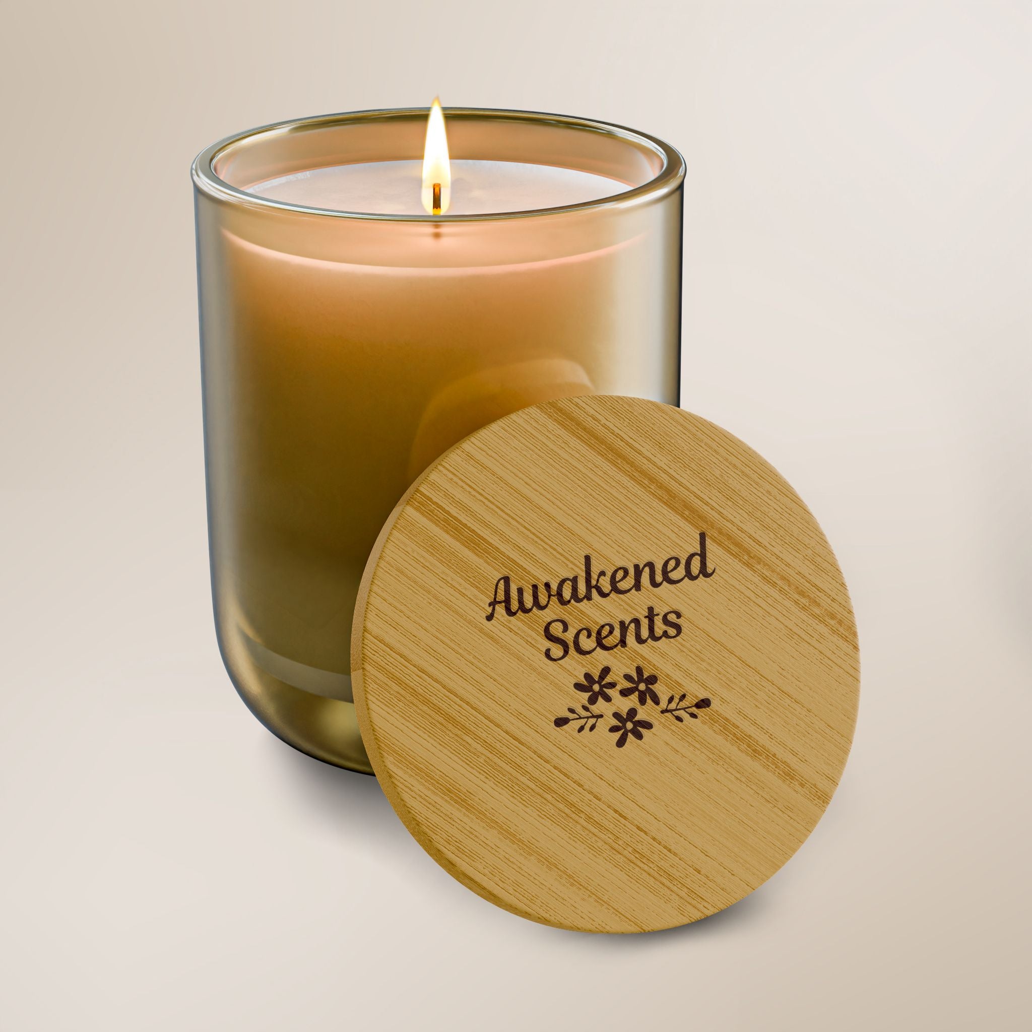 Candle in a glass jar with a wooden lid labeled 'Garden Escape' on a beige background