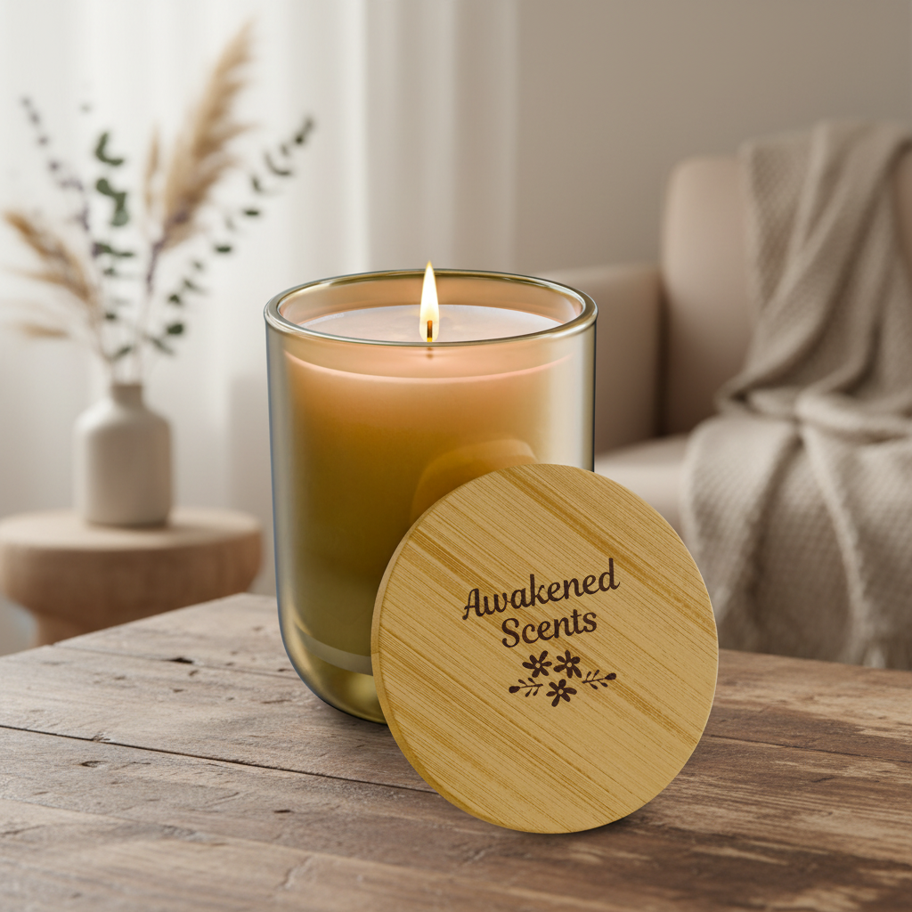 Candle with wooden lid labeled 'Awakened Scents' on a wooden surface.