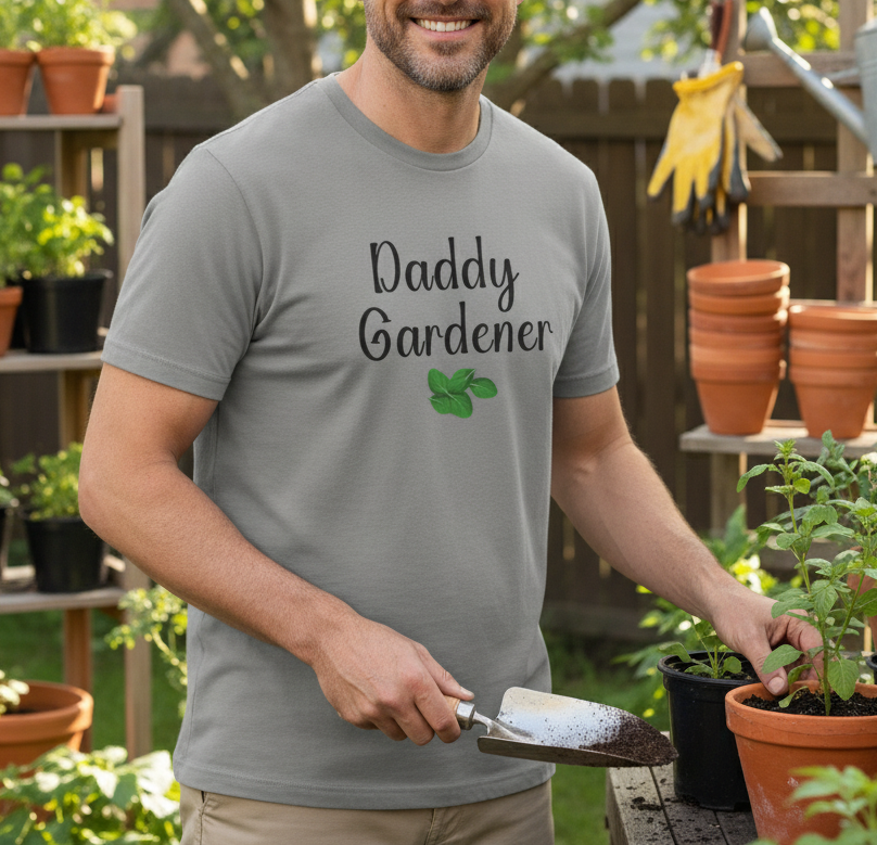Man wearing a 'Daddy Gardener' t-shirt in a garden setting.