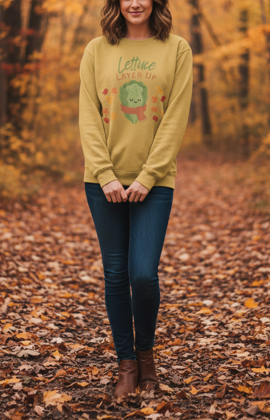 Person wearing a mustard yellow sweatshirt with a graphic design in an autumn setting