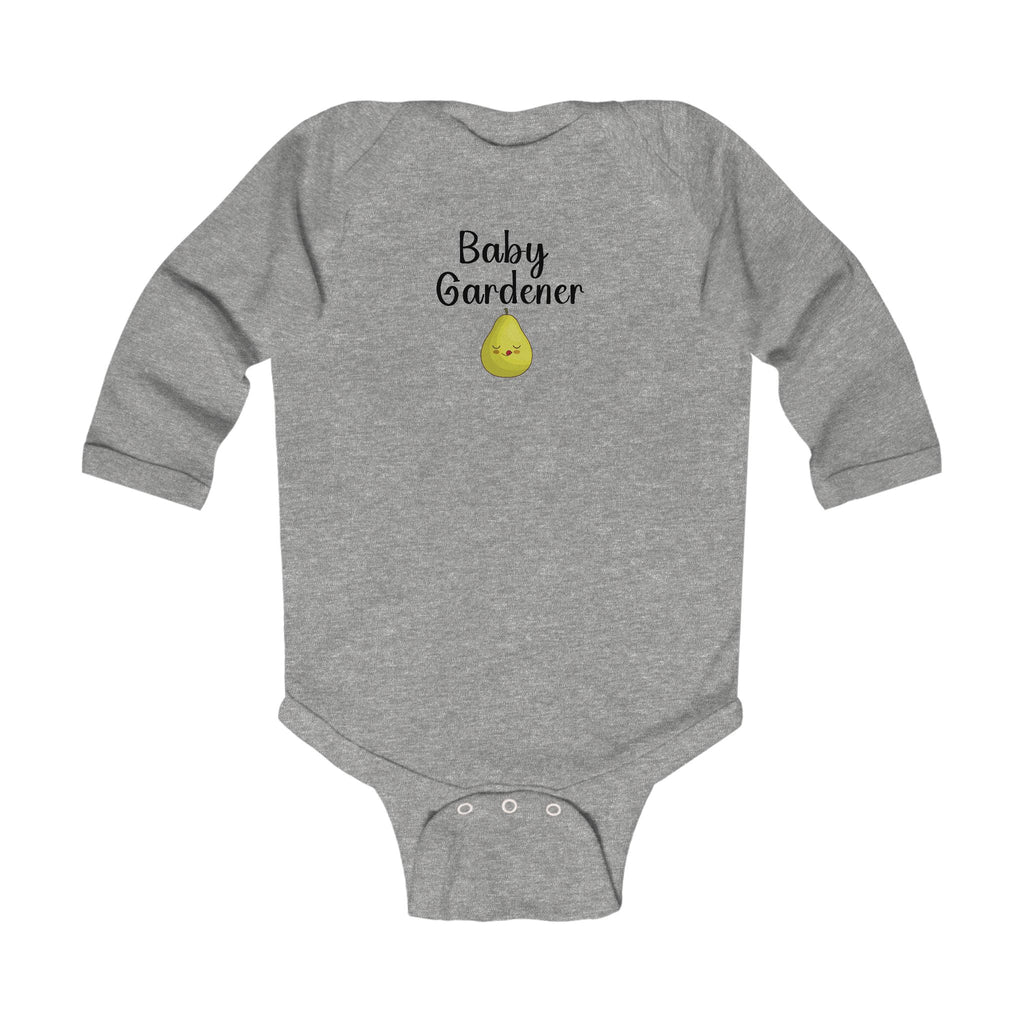 Gray baby onesie with 'Baby Gardener' and a droplet design on a white background