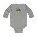 Gray baby onesie with 'Baby Gardener' and a droplet design on a white background