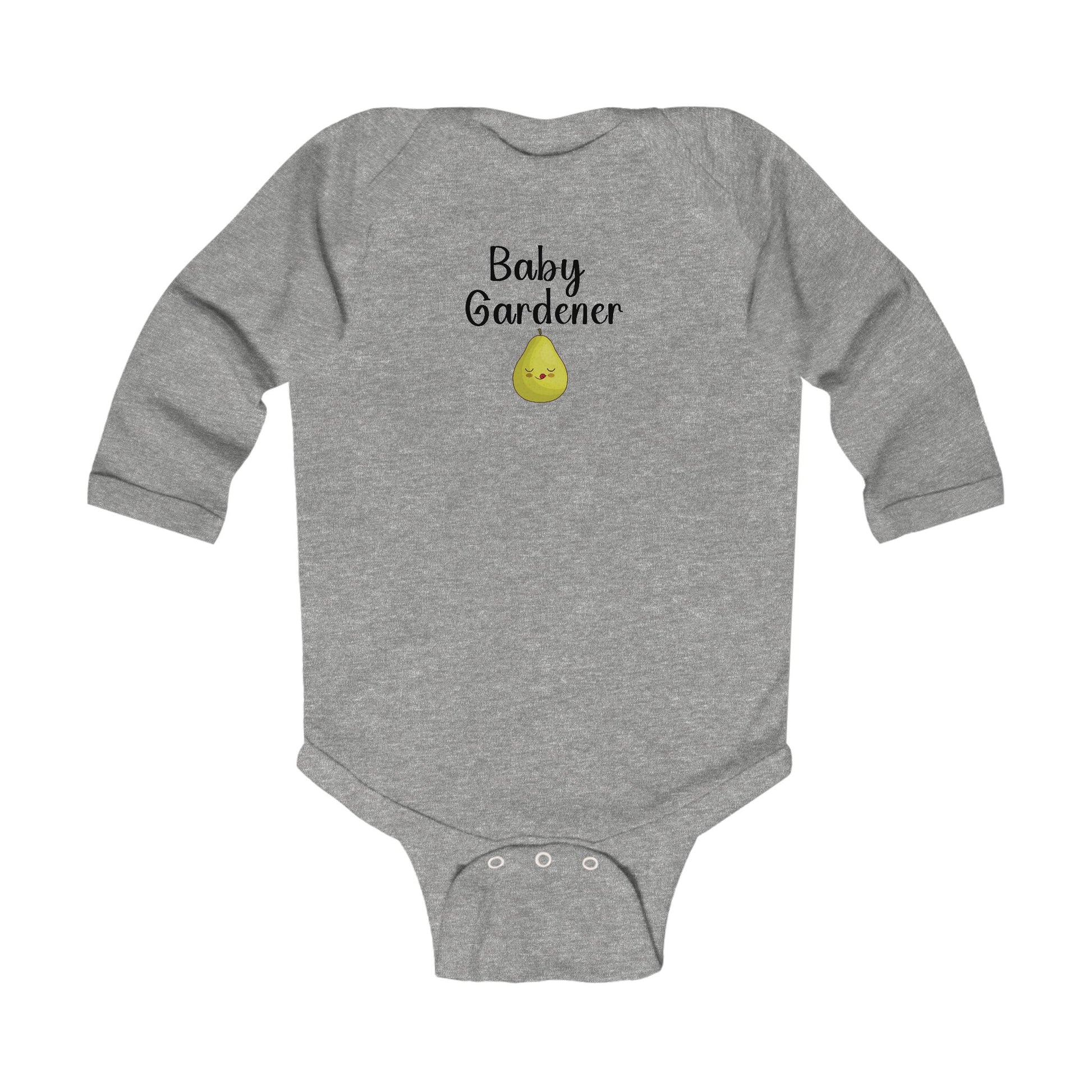Gray baby onesie with 'Baby Gardener' and a droplet design on a white background
