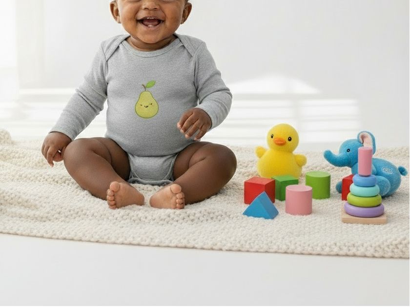 Baby sitting on a white blanket with colorful toys