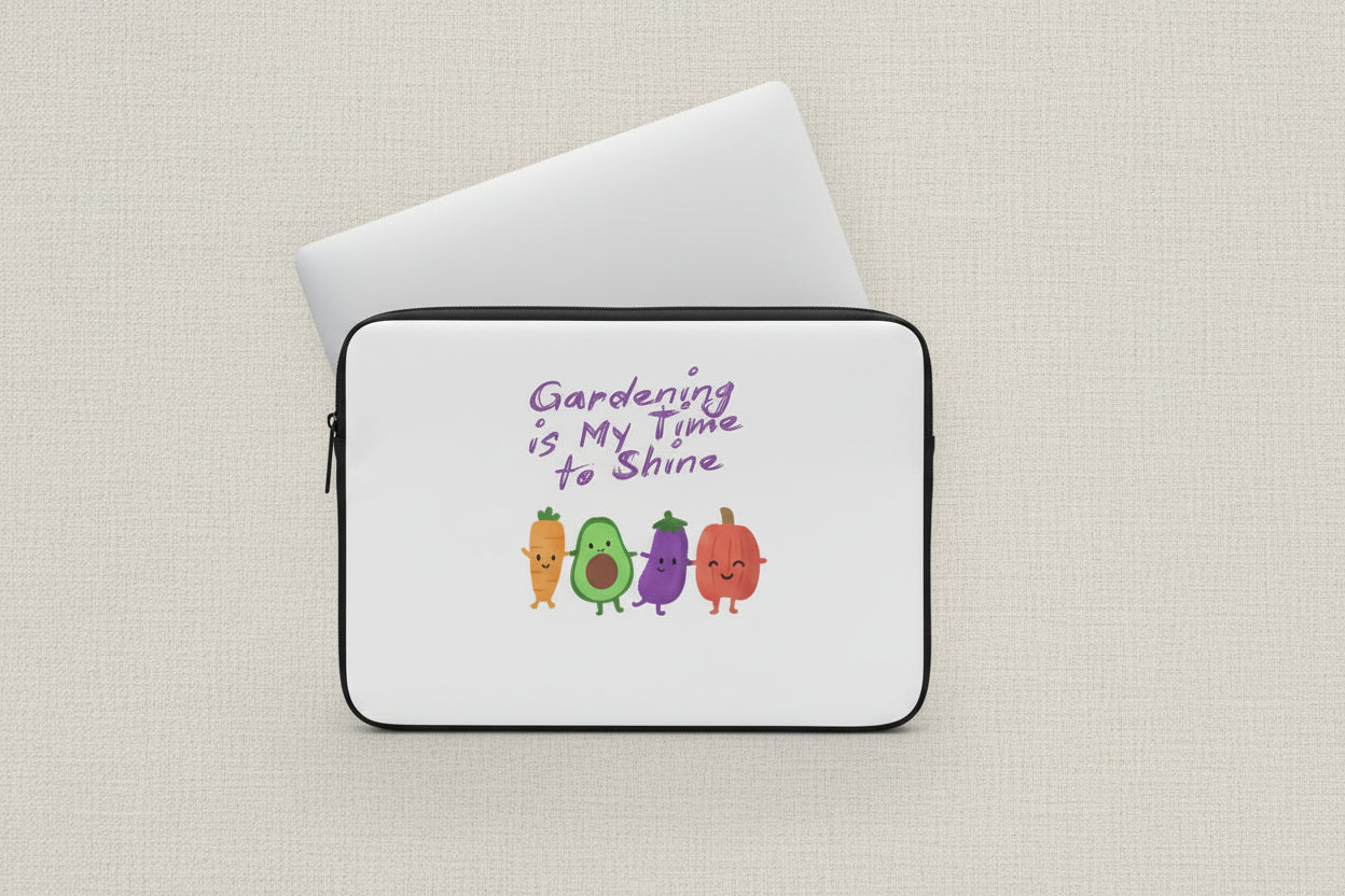 Laptop sleeve with cartoon vegetables and 'Gardening is My Time to Shine' text on a white background