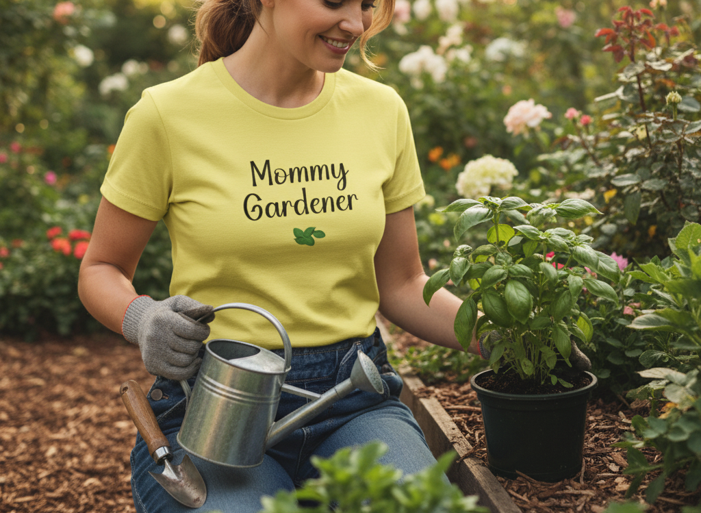 Woman in a garden wearing a 'Mommy Gardener' shirt, holding a potted plant and a watering can.