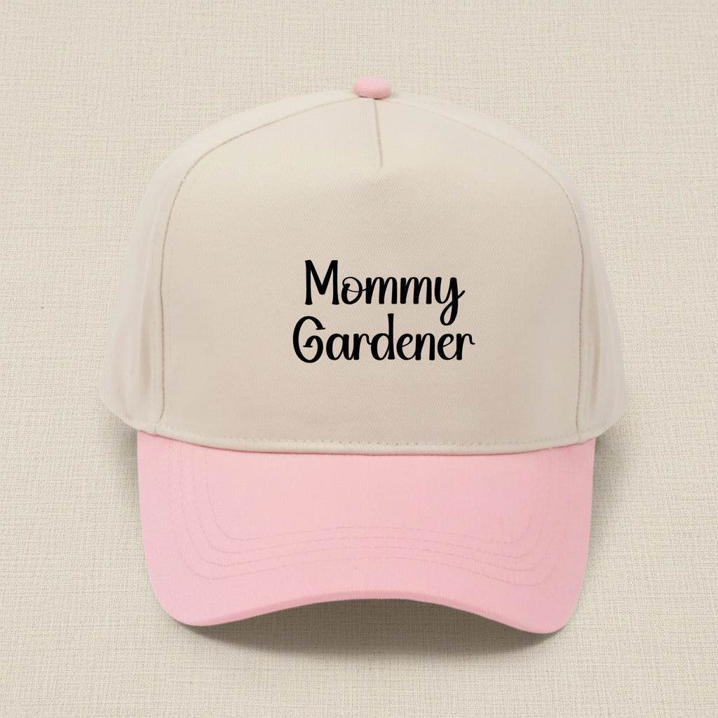 Beige and pink cap with 'Mommy Gardener' text on a white background