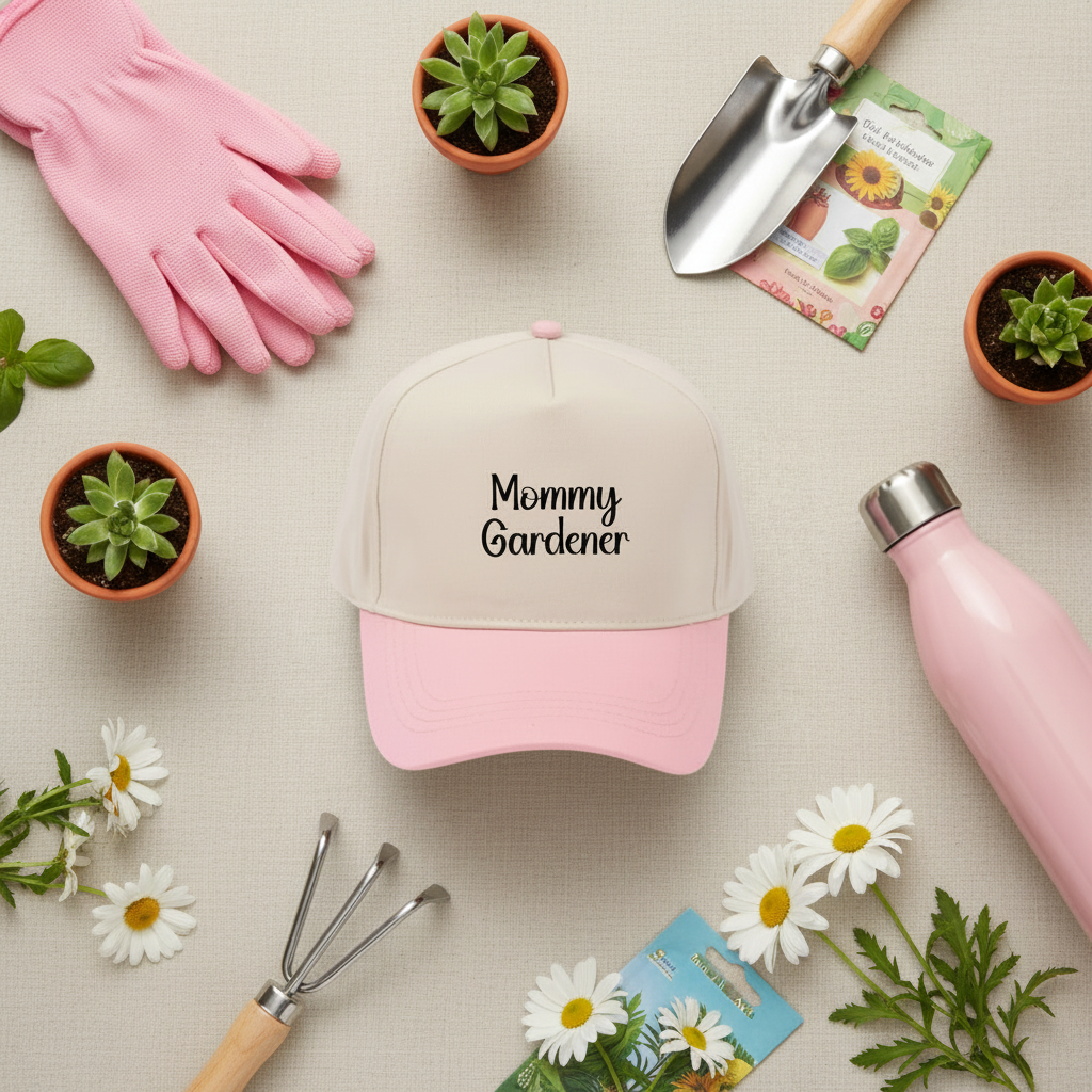 Pink and white cap with 'Mommy Gardener' text, surrounded by gardening tools and plants on a beige background.