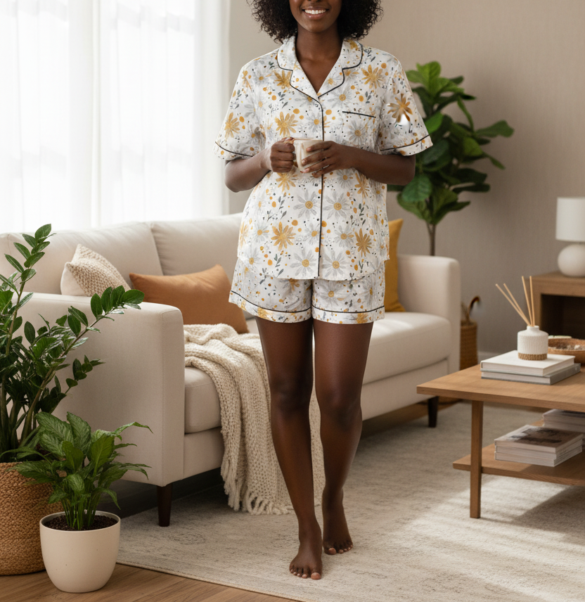 Woman wearing a floral pajama set in a living room.