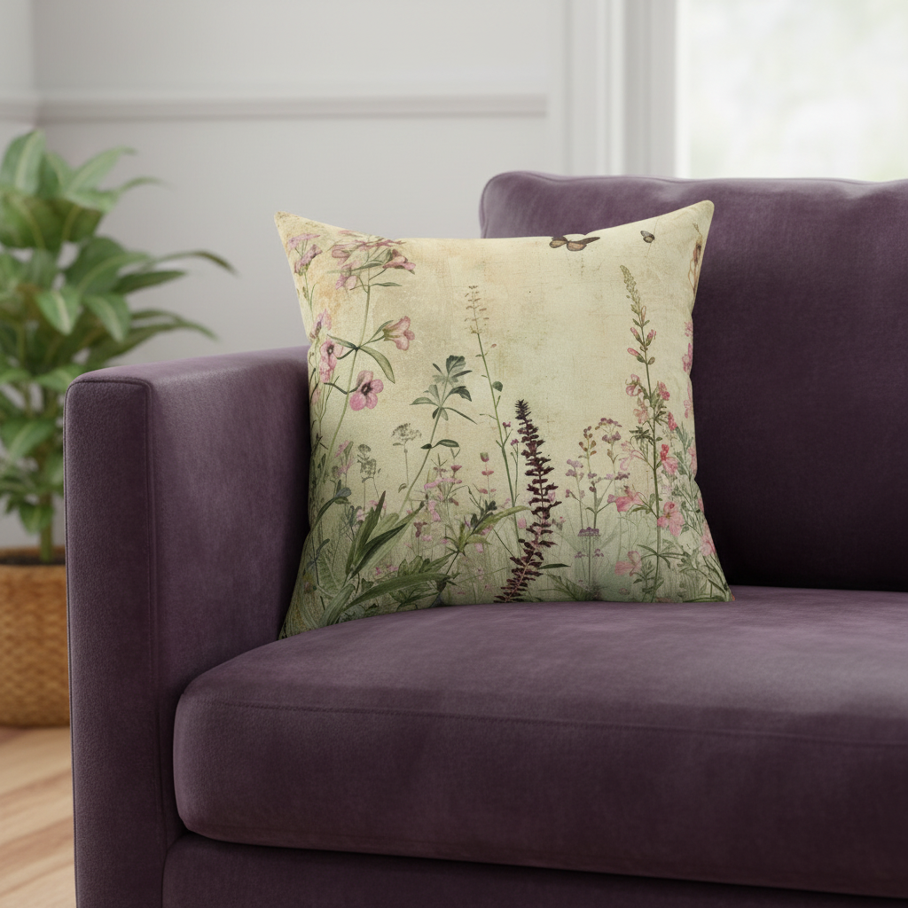 Floral-patterned pillow on a purple sofa with a plant in the background