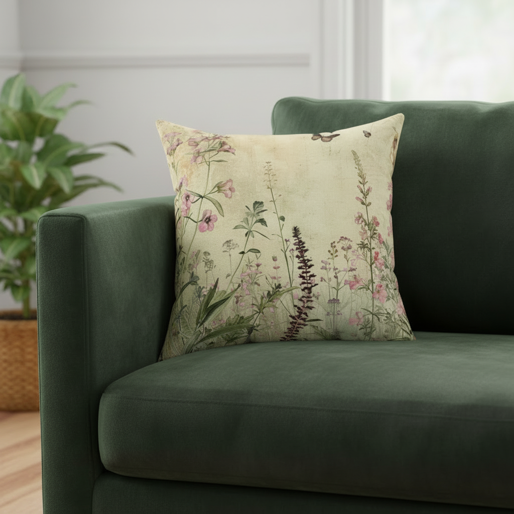 Floral-patterned pillow on a green sofa with a plant in the background