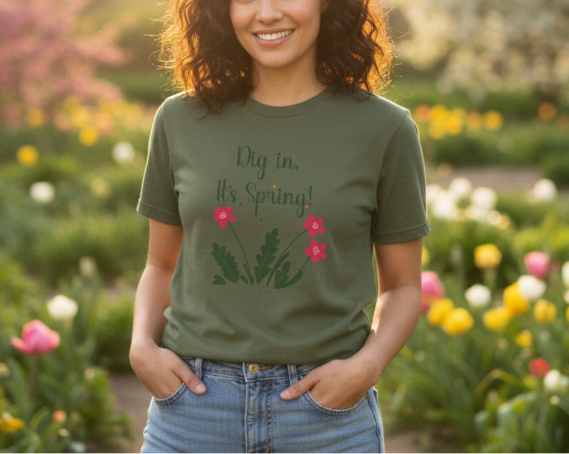 Person wearing a green t-shirt with 'Dig in. It's Spring!' text and floral design, standing in a garden.