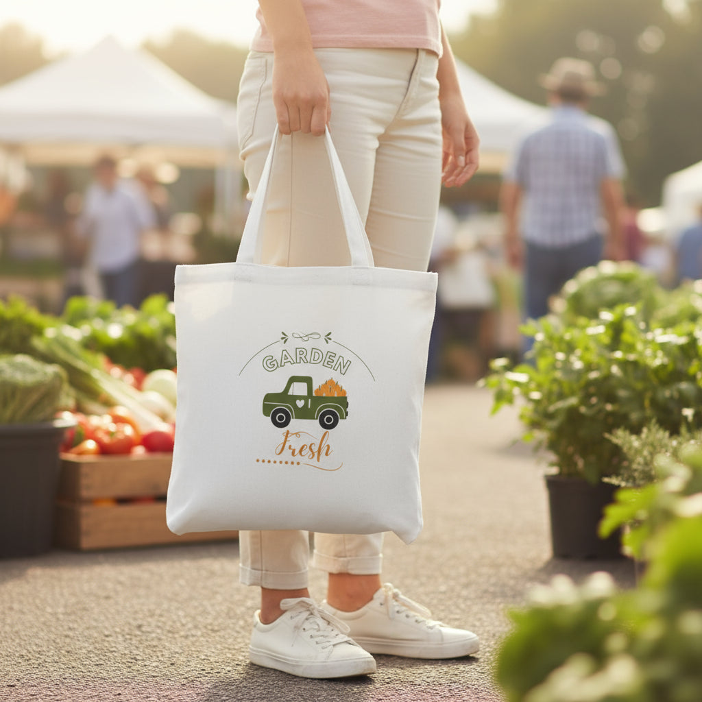White tote bag with a green truck and pumpkin design on a beige background