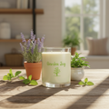 Candle labeled 'Garden Joy' on a wooden table with plants in the background