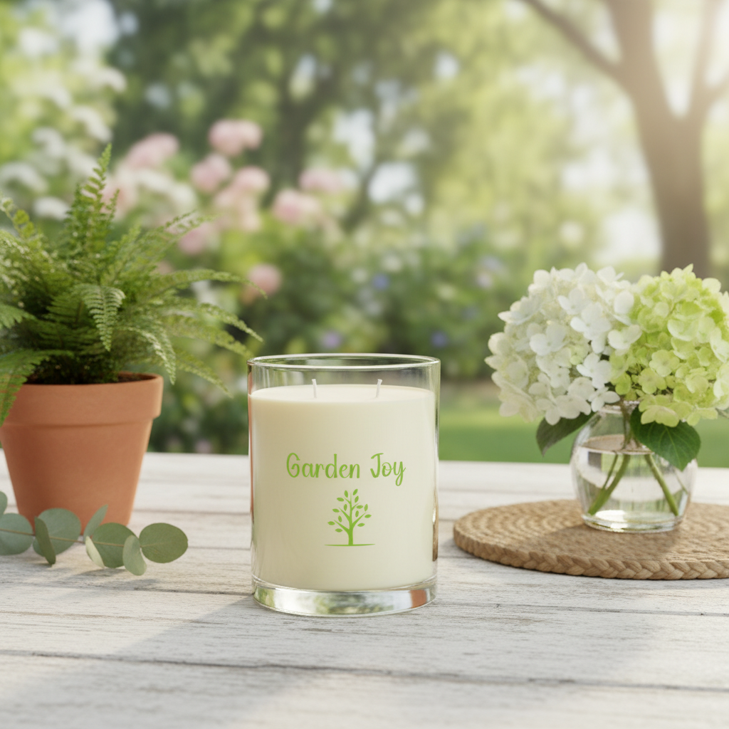 Candle labeled 'Garden Joy' on a wooden table with flowers and plants in the background