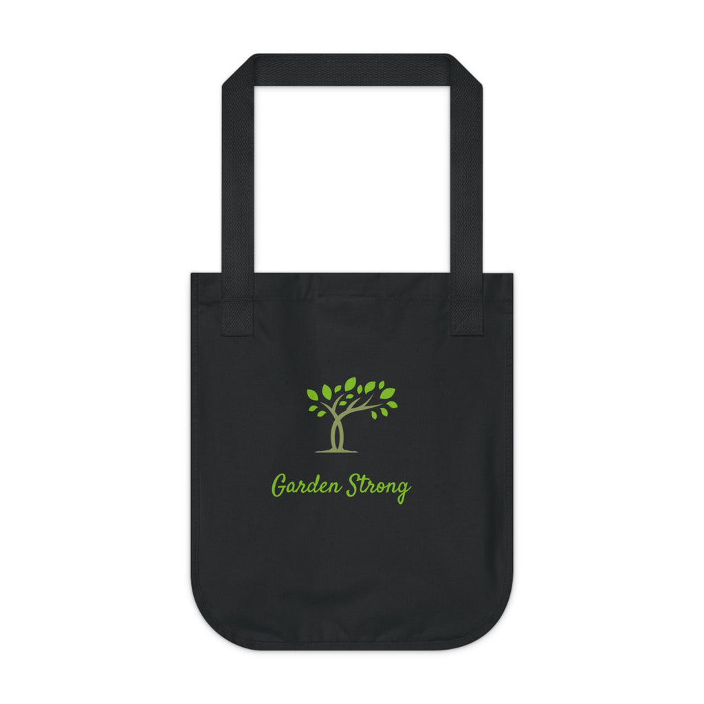 Black tote bag with green tree and 'Garden Strong' text on a white background