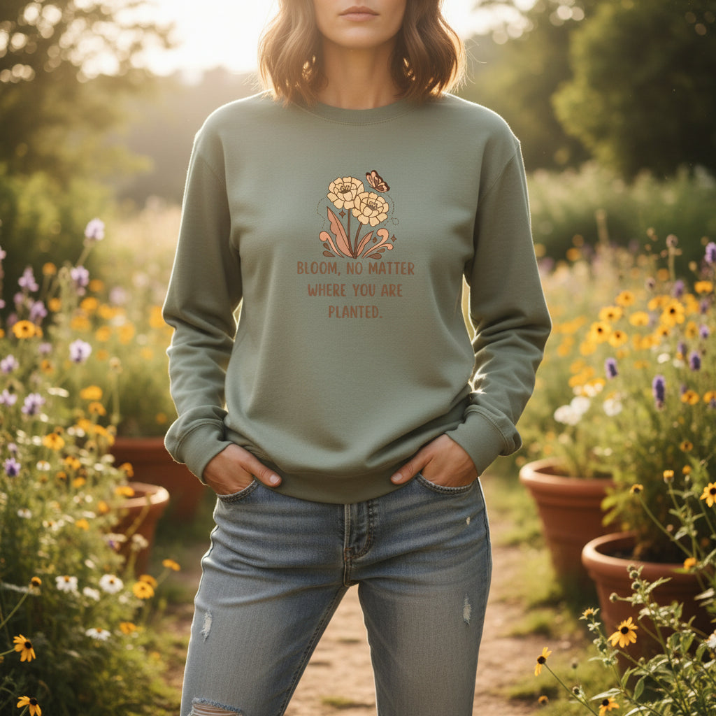 Sage green long-sleeve shirt with floral design and text on a beige background