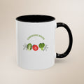 Mug with 'Gardening Rocks' text and gardening-themed graphics on a beige background