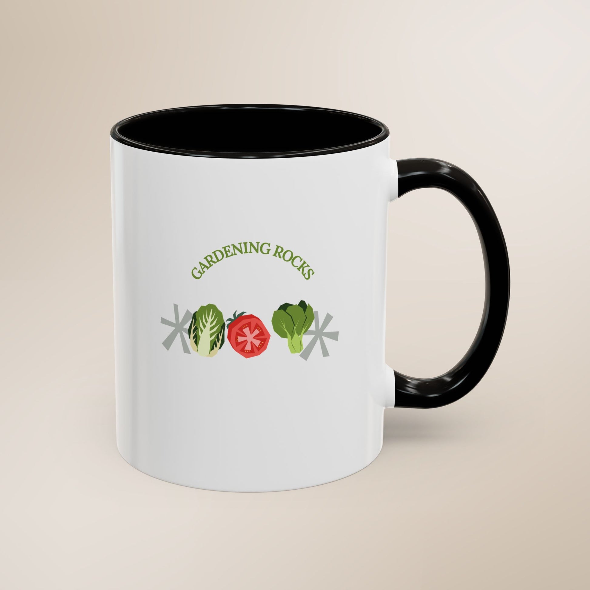 Mug with 'Gardening Rocks' text and gardening-themed graphics on a beige background