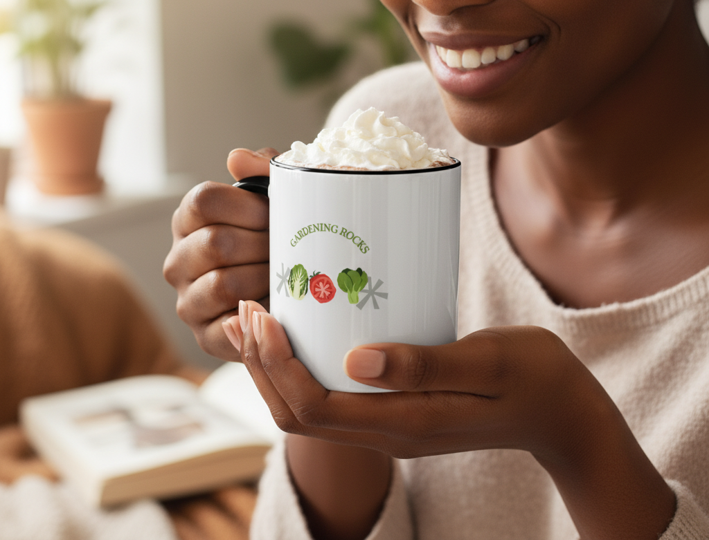 Person holding a mug with a logo, sitting in a cozy indoor setting.