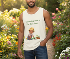 Man wearing a tank top with a gardening graphic and text on a beige background