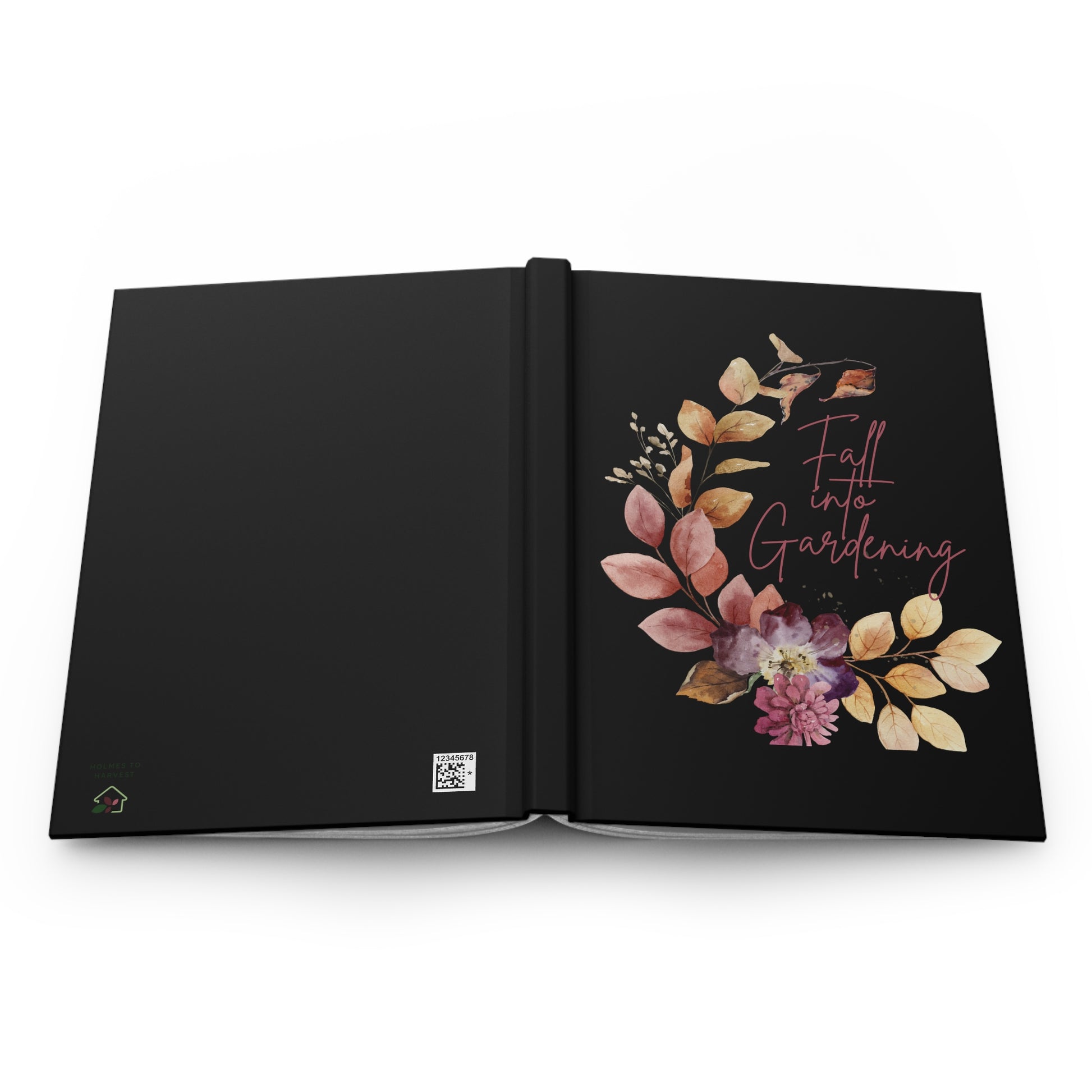 Open book with floral design and text on a white background