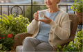 Woman sitting on a balcony holding a mug with plants around her